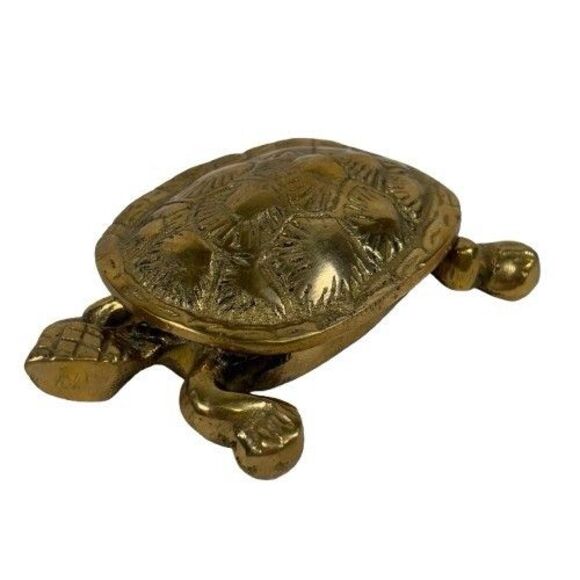 Solid Brass Turtle Trinket Jewelry Box Ashtray Hinged Lid Antique Vintage MCM - Picture 2 of 11